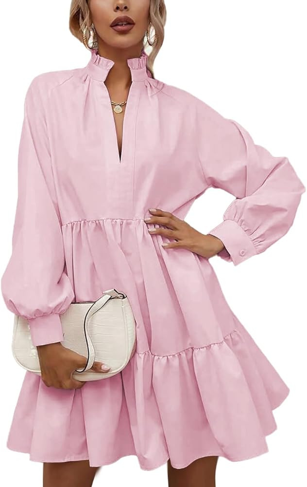 Rooscier Women's V Neck Lantern Long Sleeve Ruffle Babydoll Swing Mini Dress | Amazon (US)