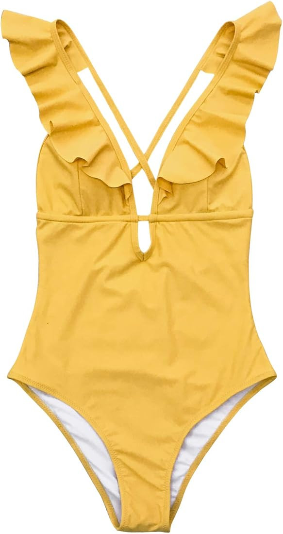 CUPSHE Women's One Piece Swimsuit Ruffle Deep V Neck Strappy Swimwear Bathing Suits | Amazon (US)