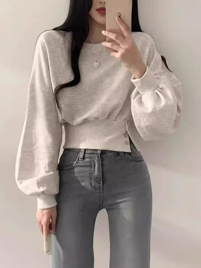 Women's Solid Color Long Sleeve Waist Button Casual Sweatshirt Back to School,Graduation,Pullover... | Amazon (US)