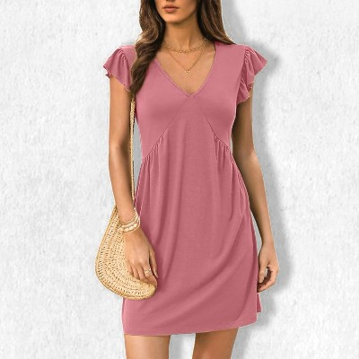 Women's Flutter Sleeve v-Neck Maxi Dress, Pleated Flowy Summer Dress for Vacation and Special Occasion pink,S | Target