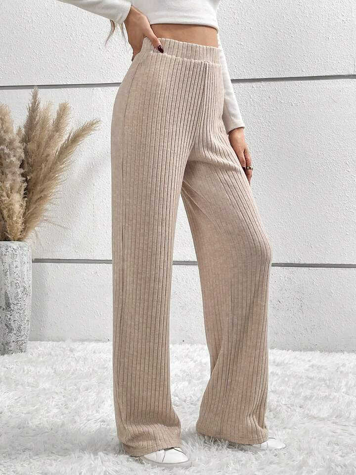 SHEIN Tall Elastic Waist Rib-knit Straight Leg Pants | SHEIN