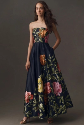 BHLDN Kira Strapless Printed Satin A-Line Maxi Dress | Anthropologie (US)