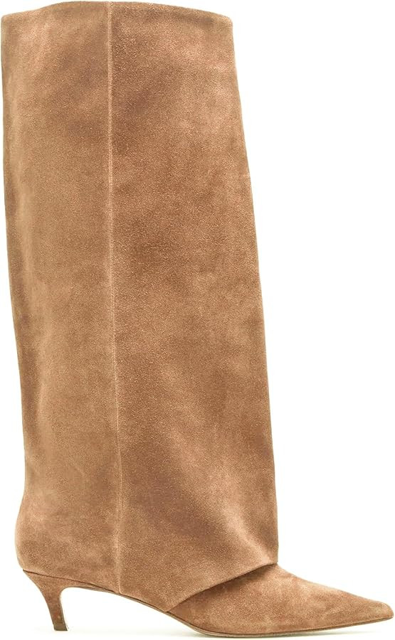 Brown Suede Knee High Boots for Women Comfortable Pull on Pointed Toe 2 Inch Kitten Heel Fold Ove... | Amazon (US)