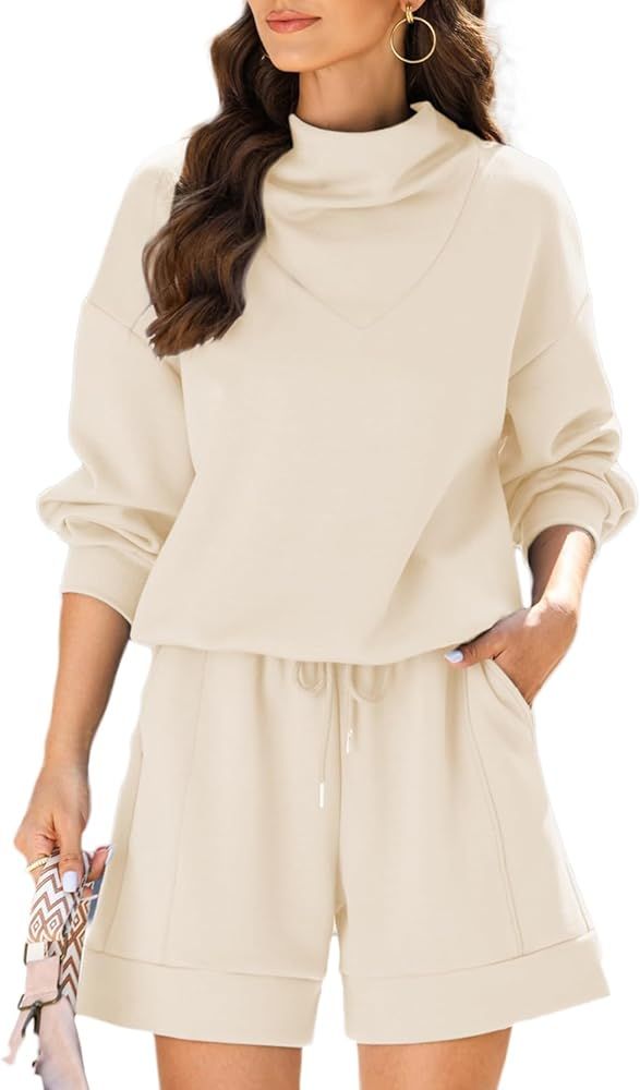 Herseas Women's 2 Piece Outfits Cowl Neck Sweatshirts & Shorts Sweatsuit Lounge Sets | Amazon (US)
