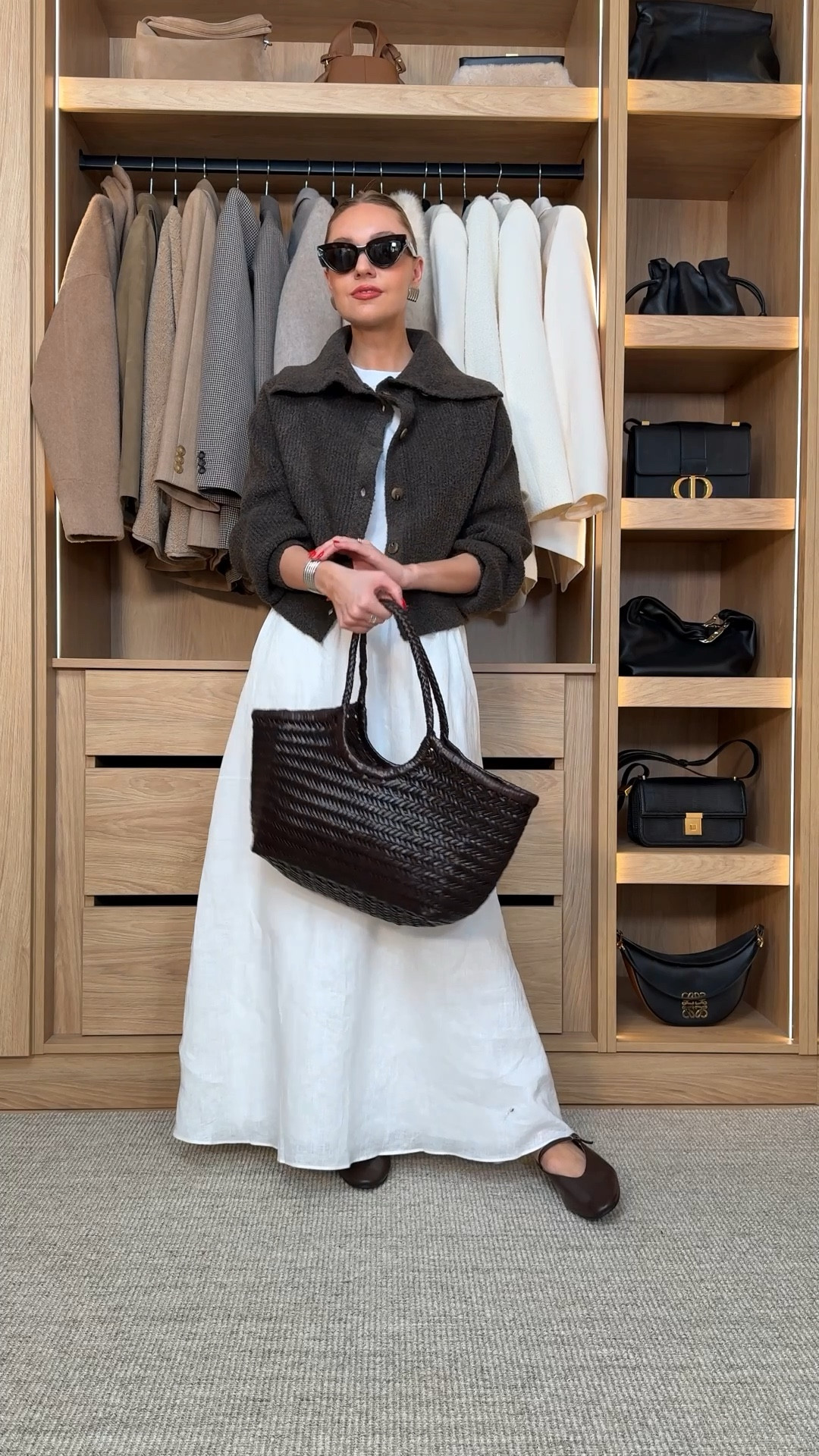 Cardigan outfit, pretty lavish, white skirt, white jeans, dissh 
