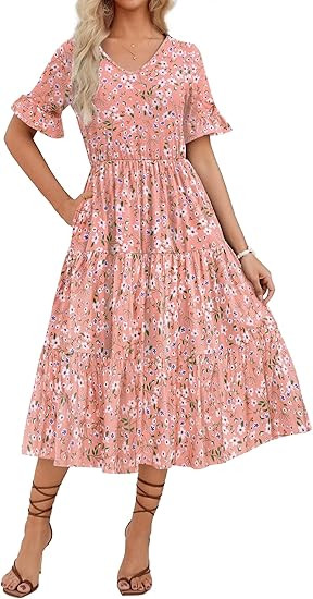 ZEAGOO Women's Summer Dresses Midi Tiered Casual Dress Floral V Neck Ruffle Short Sleeve Flowy Be... | Amazon (US)