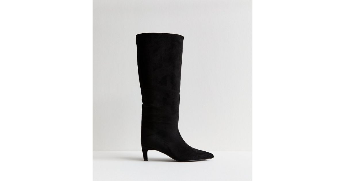 Black Faux Suede Low Stiletto Heel Knee High Boots | New Look | New Look (UK)
