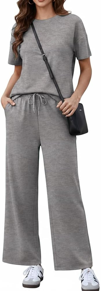 PINSPARK 2 Piece Sets for Women Soft Short Sleeve Matching Lounge Set Wide Leg Pants Tracksuit Tr... | Amazon (US)