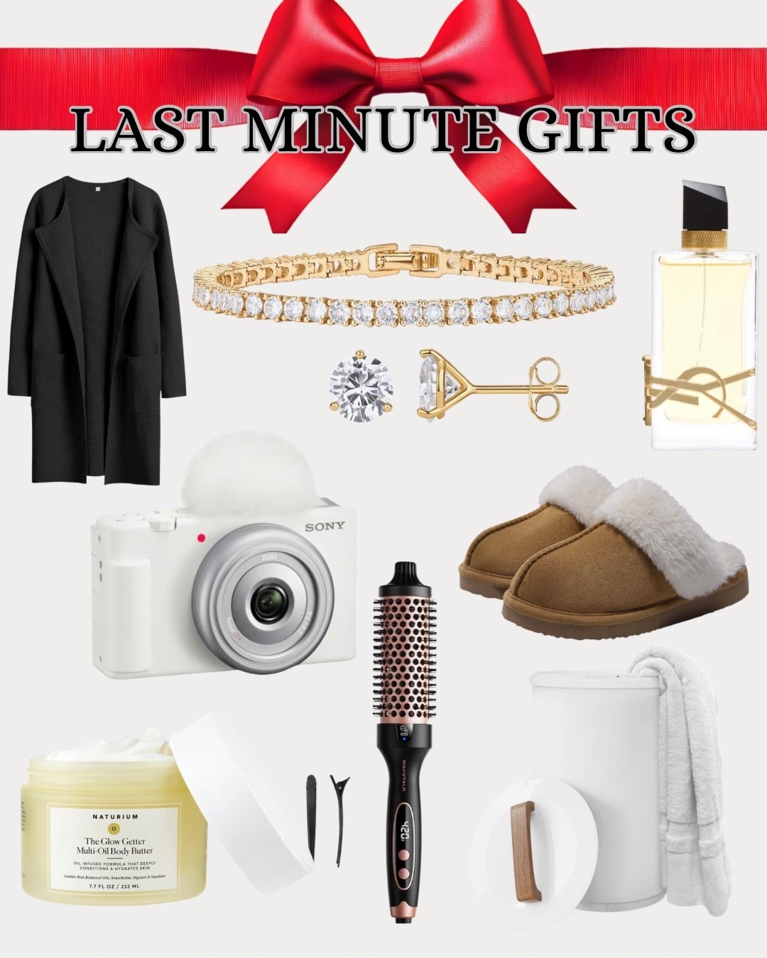 Last-minute gifts for her. Tennis bracelet. Diamond earrings. Perfume. Slippers. Camera. Towel warmer. Moisturizer. Curling brush. Cardigan.

#LTKSaleAlert #LTKGiftGuide #LTKHoliday