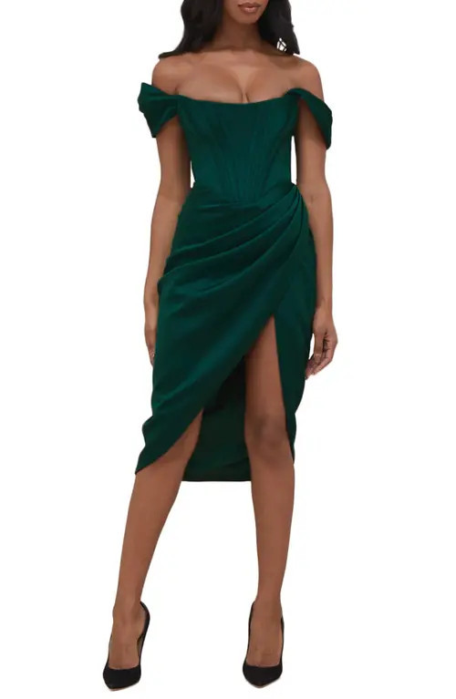HOUSE OF CB Loretta Off the Shoulder Satin Corset Dress in Green at Nordstrom, Size X-Small | Nordstrom