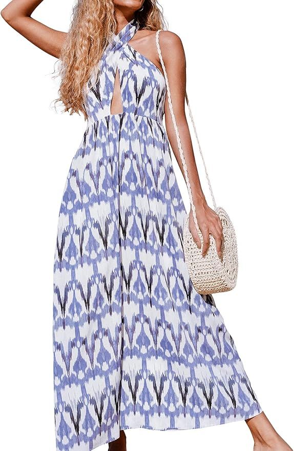 CUPSHE Women's Self Tied Backless Sleeveless Halter Cross Cutout Geometric Print Maxi Dress | Amazon (US)