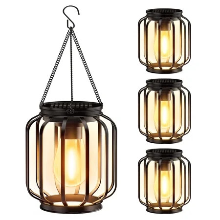 Solar Hanging Lanterns Outdoor Waterproof: 4 Pack Metal Solar-Powered Lights with Hook, Bright Warm Lantern Decor for Outside, Classic Outdoor Lighting for Yard Garden Patio Porch Balcony Decorations | Walmart (US)