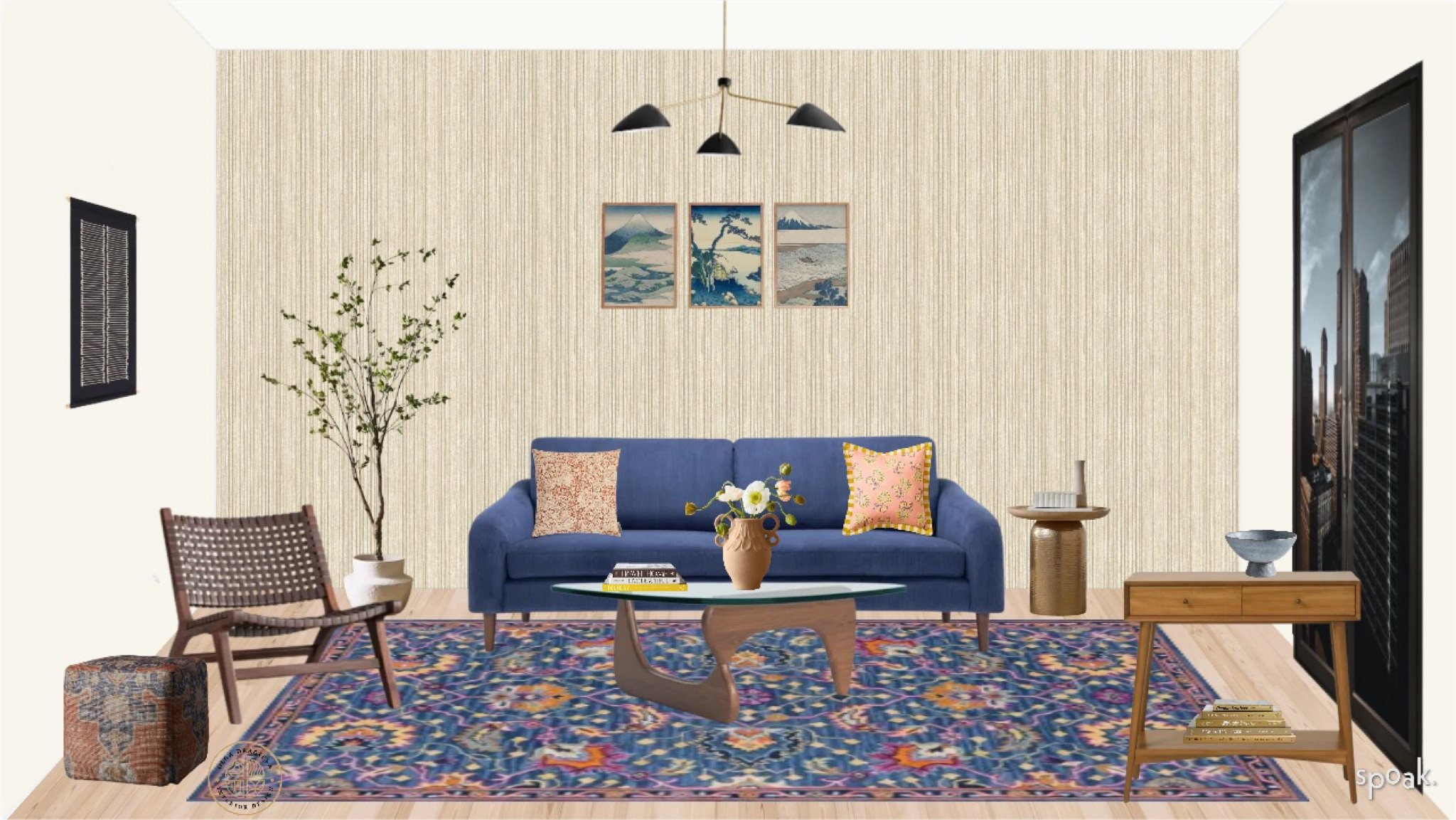 Colorful Living room design/moodboard, Japanese art, mid-century modern chandelier, gold side table, Noguchi-style coffee table, oriental rug, leather side chair, floral pillows, console table, organic vase, blue sofa, home decor

#LTKSeasonal #LTKHome #LTKStyleTip