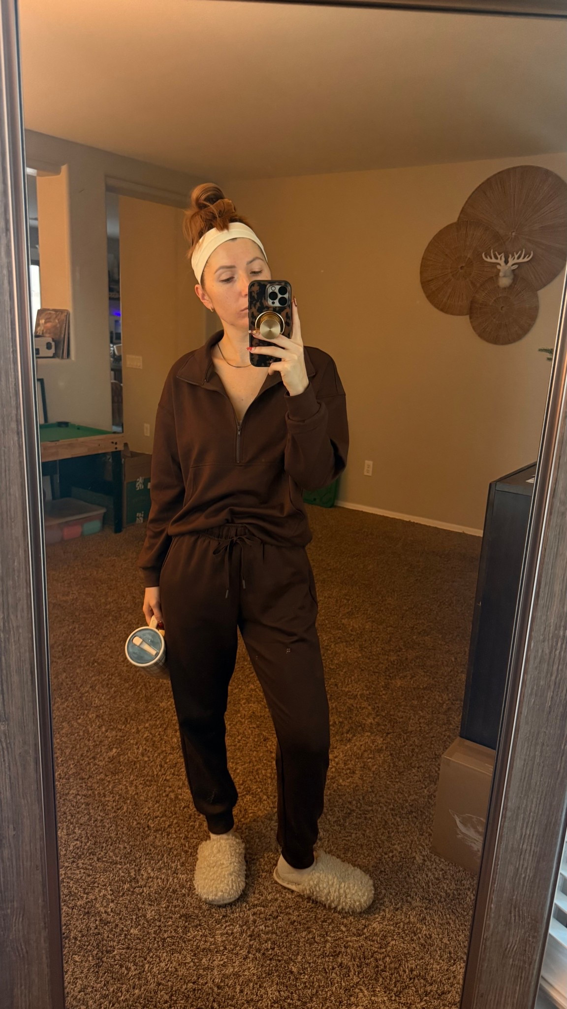 •Brown activewear set: size S tts
•Fuzzy beige Slippers: run a tad small 
•Gold earrings, gold necklace: both come in a multipack, hypoallergenic 

#LTKmomlife #LTKPetite #LTKootd