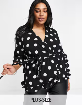 AX Paris Plus ruffle sleeve wrap blouse in polka dot | ASOS (Global)