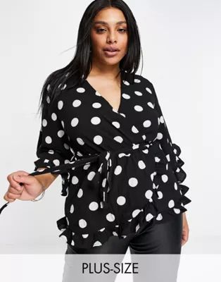 AX Paris Plus ruffle sleeve wrap blouse in polka dot | ASOS (Global)