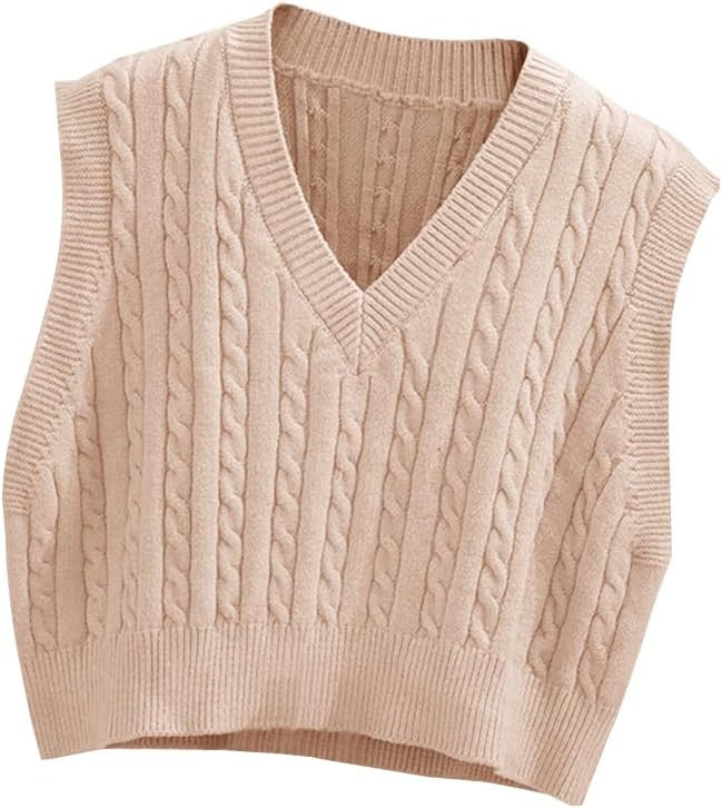 Lailezou Women's V-Neck Knit Sweater Vest Solid Color Argyle Plaid Preppy Style Sleeveless Crop K... | Amazon (US)