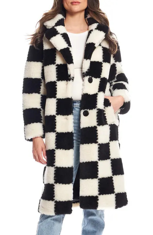 DONNA SALYERS FABULOUS FURS Checkmate High Pile Fleece Longline Coat in Multi at Nordstrom, Size Large | Nordstrom
