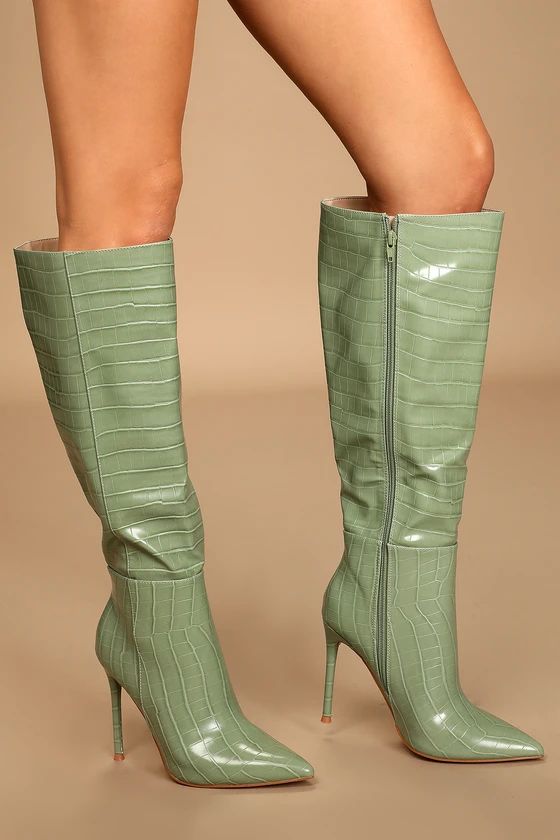 Zezilia Mint Crocodile-Embossed Pointed-Toe Knee-High Boots | Lulus (US)