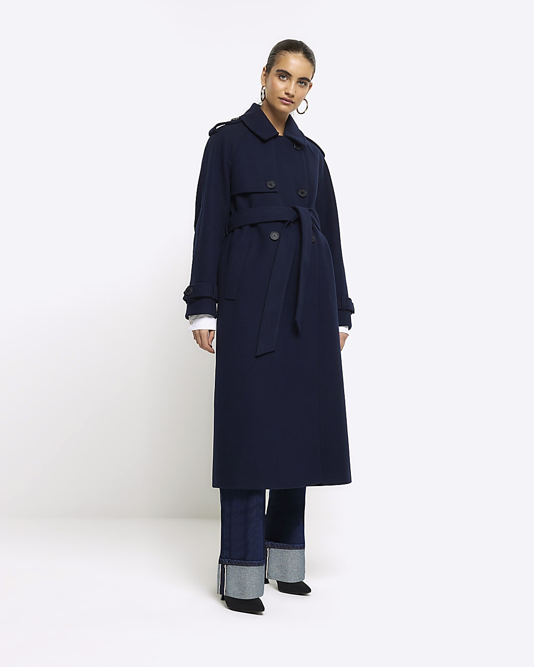 Navy belted longline trench coat | River Island (UK & IE)