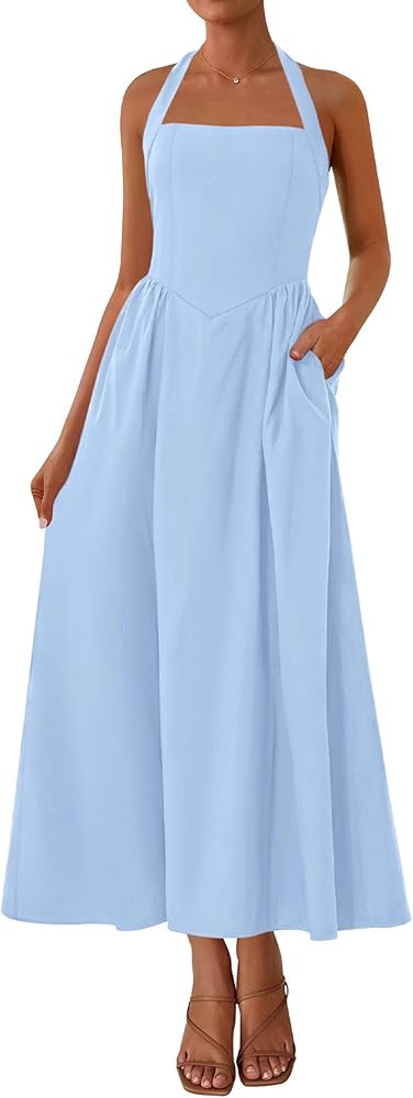 KIRUNDO Women Summer Sleeveless Halter Maxi Dress Sundress 2025 Casual Flowy Wedding Guest Cockta... | Amazon (US)