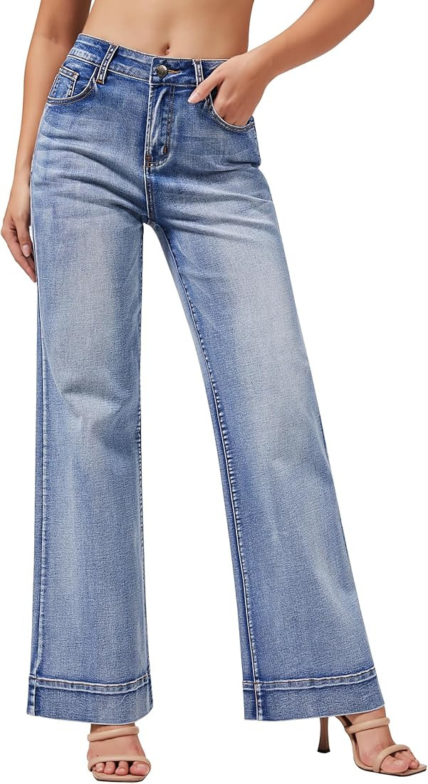 roswear Women's Wide Leg Jeans Casual High Waisted Stretchy Baggy Loose Long Trouser Jeans | Amazon (US)