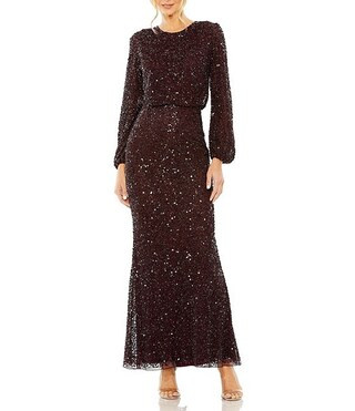 Mac Duggal Crew Neck Long Sleeve Beaded Blouson Gown | Dillard's | Dillard's
