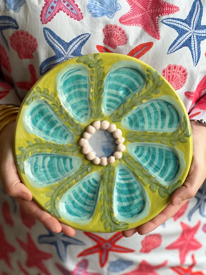 Hand Built Oyster Plate 9" in Green Botanical with Beaded Center | Etsy (Global)