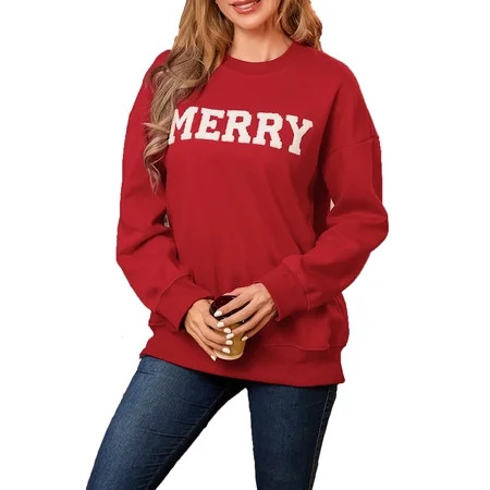 Merry Christmas Sweatshirts for Women Merry Letter Print Sweatshirts Xmas Holiday Party Shirts Oversized Pullover Sweater Tops | Walmart (US)