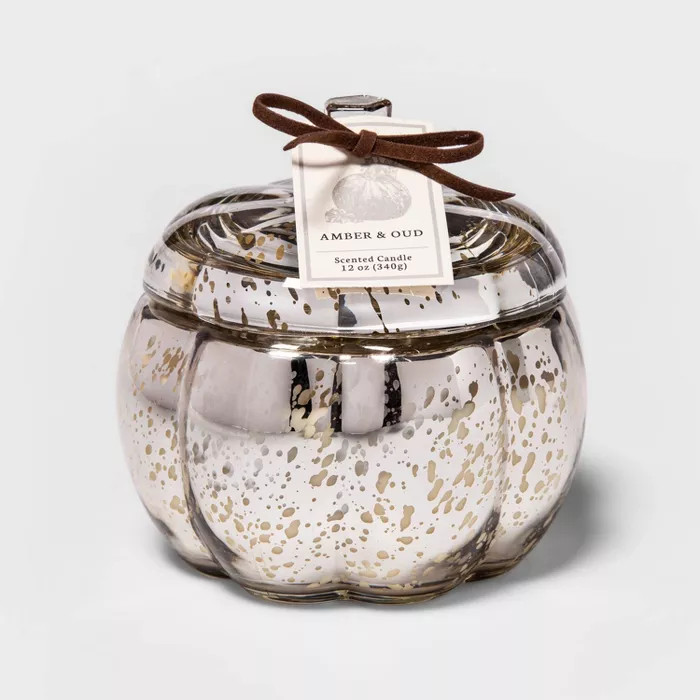 12oz Lidded Mercury Glass Pumpkin Jar 2-Wick Amber and Oud Candle - Threshold™ | Target