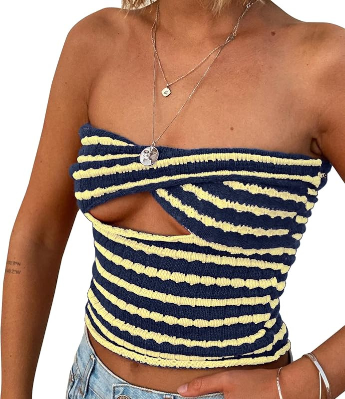 Women Twist Front Striped Cutout Knitted Crop Tube Top Bandage Strapless Sleeveless Bandeau Cropp... | Amazon (US)