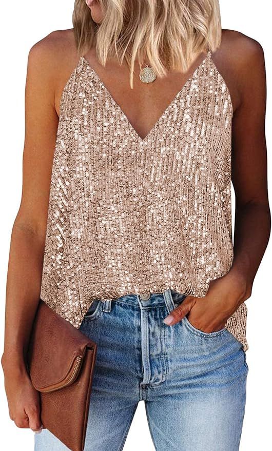 miduo Womens Tank Tops Casual Fashion V Neck Strappy Sequin Sparkle Shimmer Camisole Sleeveless T... | Amazon (US)