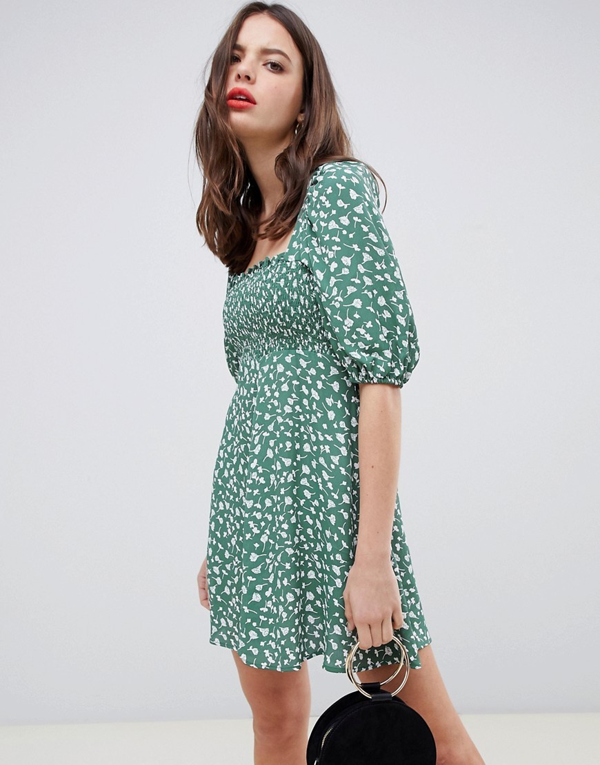 ASOS DESIGN shirred bustier mini skater dress with puff sleeve in floral print - Multi | ASOS US