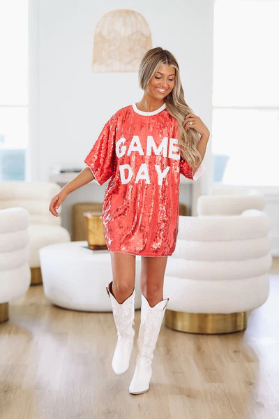 Touchdown Time Sequin Gameday Shirt Dress - Red and White | Hazel and Olive