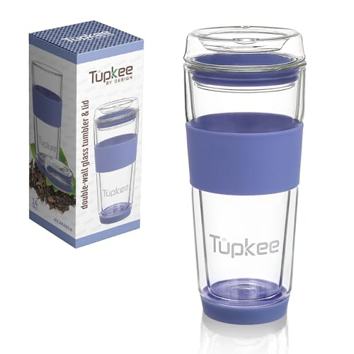 Tupkee Double Wall Glass Tumbler - 14-Ounce, All Glass Reusable Insulated Tea/Coffee Mug & Lid, Hand Blown Glass Travel Mug - Jacaranda | Amazon (US)