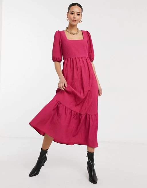 New Look Tall square neck tiered midi smock dress in pink | ASOS (Global)