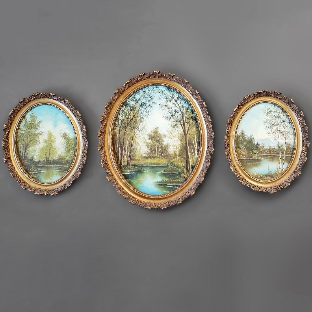 Set of 3 Vintage Original Oil Paintings - Scenic Lake Landscape - Ornate Gold Frames - Triptych A... | Etsy (US)