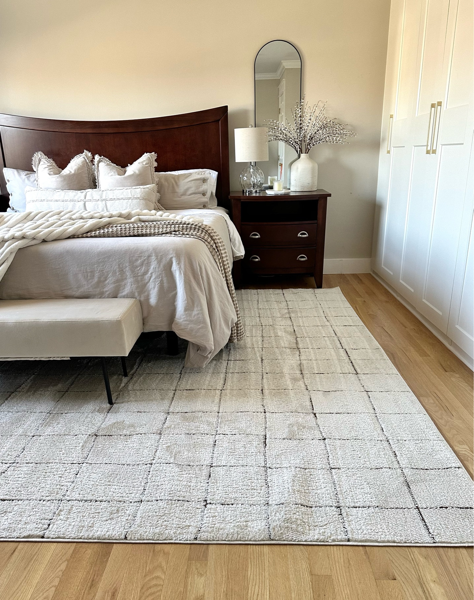 Bedroom inspo, primary bedroom decor, modern organic home, ivory rug, ivory bench, tall arch mirrors, linen duvet, waffle blanket, neutral bedroom inspiration. 

 #PNWHomexSurya  #SuryaSpaces 

#LTKfindsunder100 #LTKhome