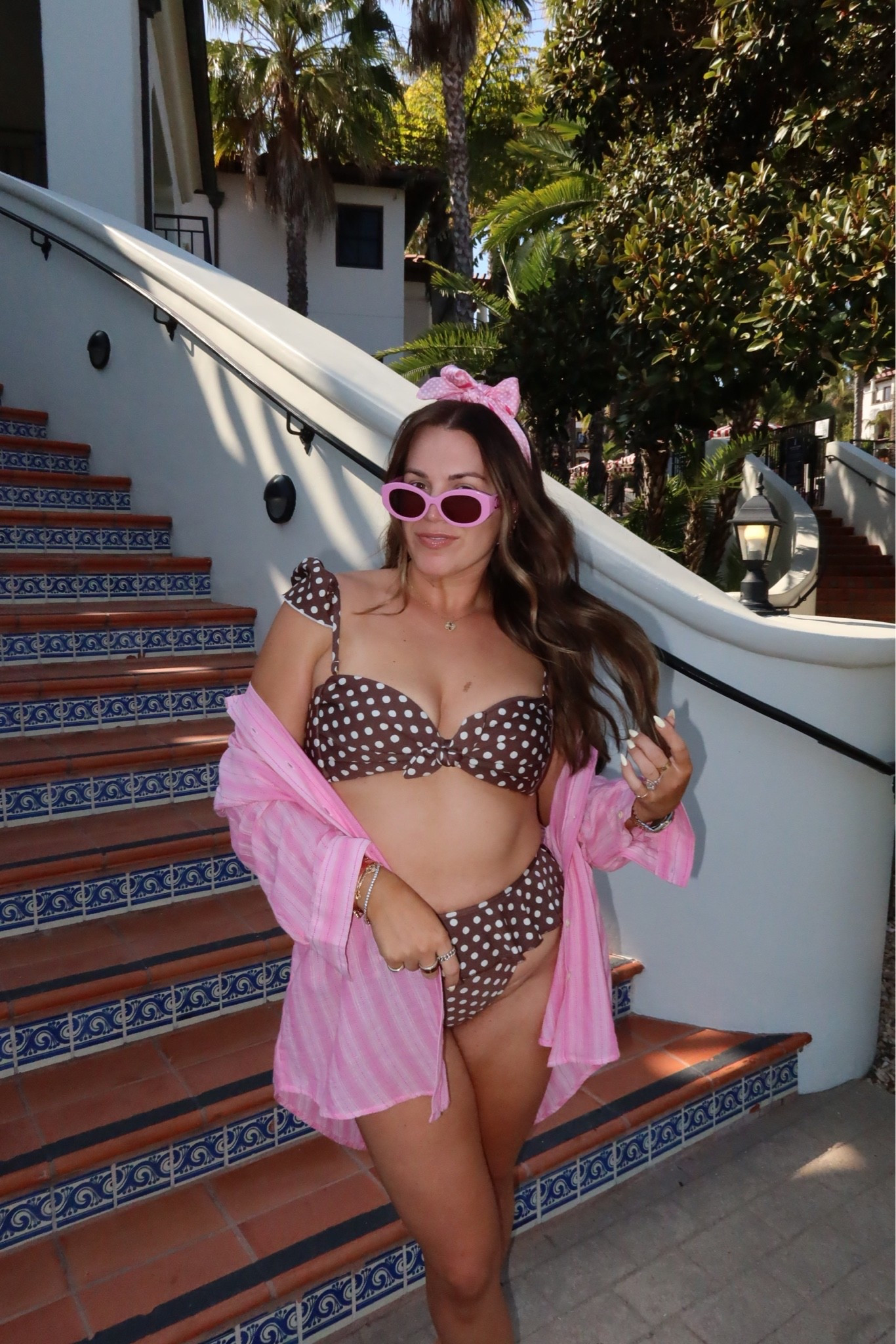 curvy midsize swim look! wearing size large in top and bottom brown polka dot bikini 🤎 in the large in pink button down, wore it as a coverup 🩷

#LTKMidsize #LTKSwim #LTKTravel