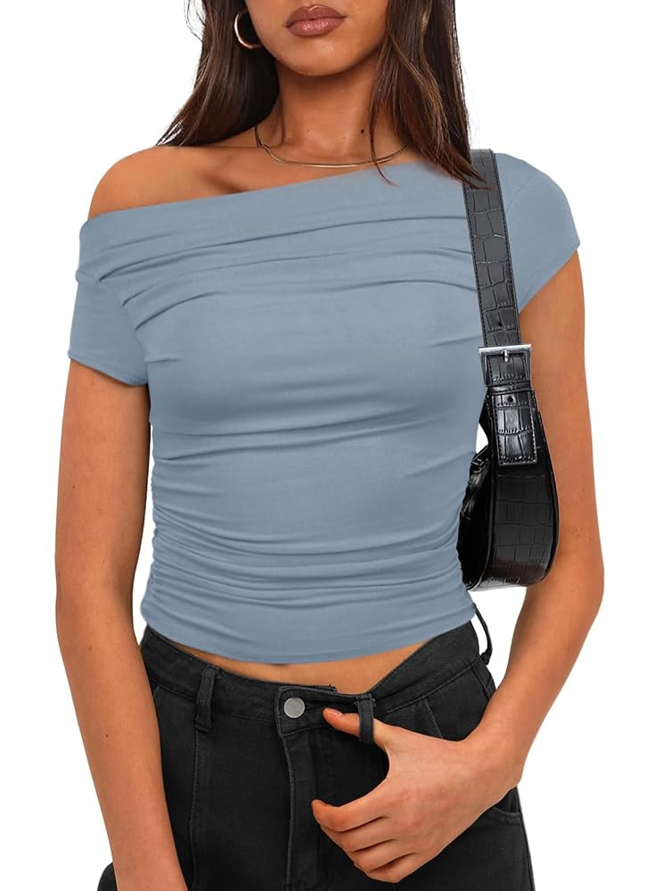 Darong Women's Summer Cap Sleeve Boat Neck Off Shoulder Top Going Out Slim Fit Tops Y2K Tight Shi... | Amazon (US)