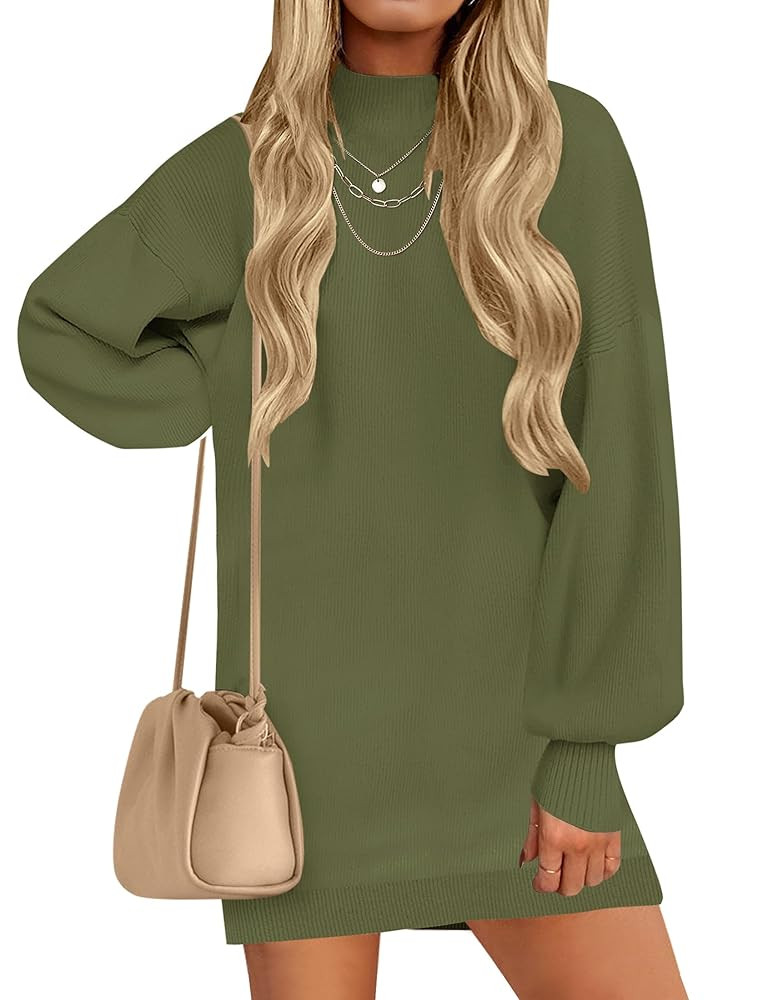 ZESICA Women's 2025 Fall Turtleneck Sweater Dress Oversized Long Lantern Sleeve Casual Knit Pullo... | Amazon (US)