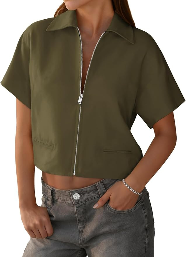 Tankaneo Womens Trendy Vest Top Summer Casual Short Sleeve Zip Up Blazer Cropped Loose Fit Collar... | Amazon (US)