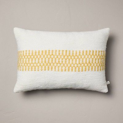 14"x20" Checkered Stripe Indoor/Outdoor Lumbar Throw Pillow Cream/Gold - Hearth & Hand™ with Ma... | Target