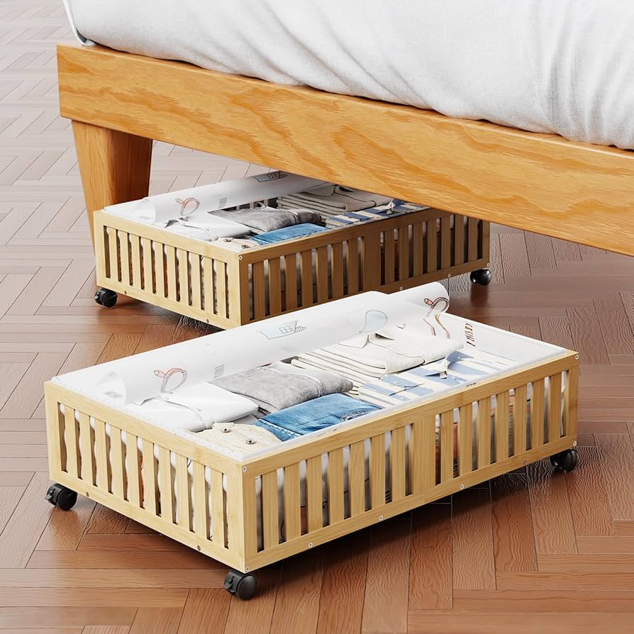 2Pack Bamboo Under Bed Storage Containers, UnderBed Storage with Wheels & 40L Large Capacity Dust... | Amazon (US)