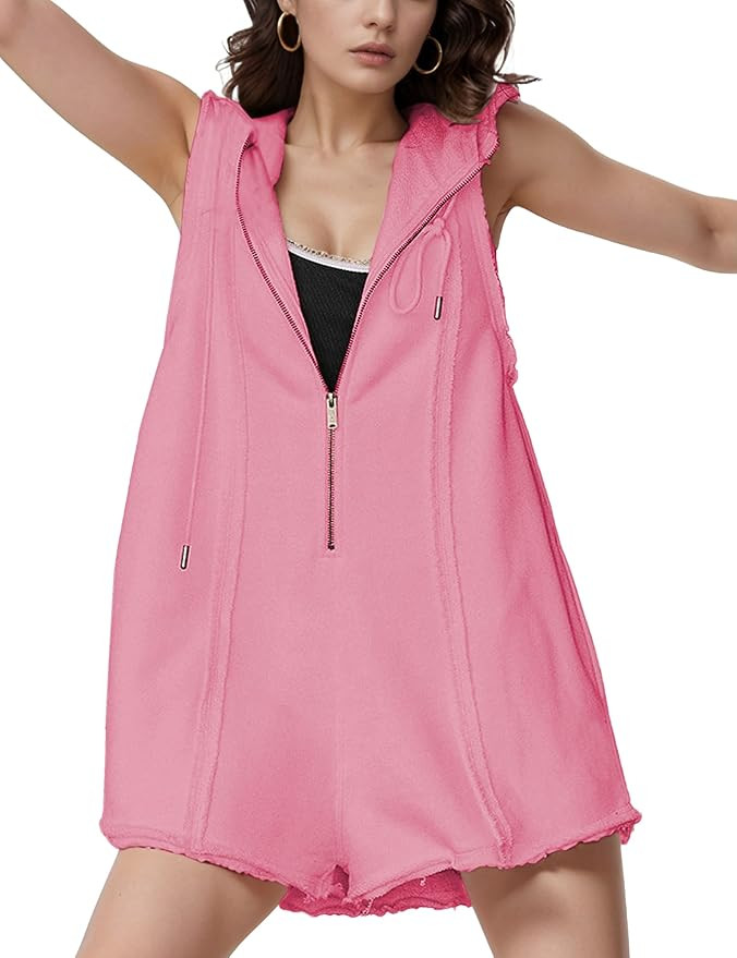 Rompers for Women Athletic Workout Hooded Romper Casual Zip-front Neck Jumpsuits Overalls with Po... | Amazon (US)