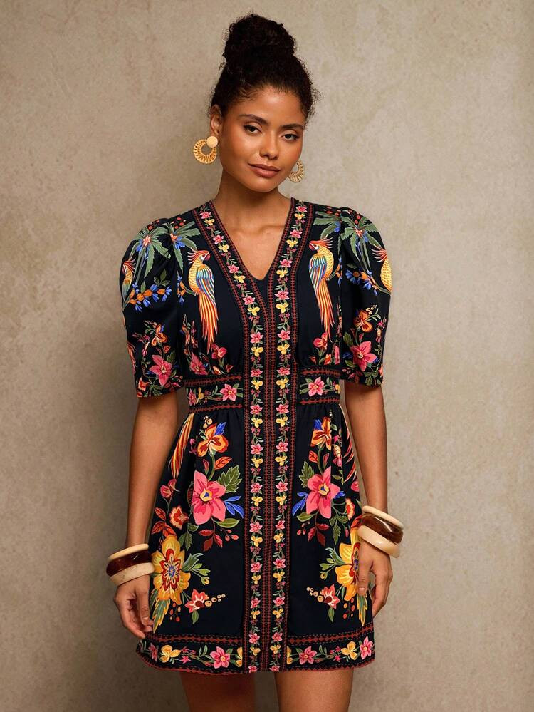 Travachic V-Neck Short Sleeve Fitted Women Mini Dress Resort Dresses For Women Boho Dresses For Women Mexican Style Dress Women,Vacation Casual Terno Outfit For Women,Summer Holiday Outfits,Spring Break Outfits,Party Outfit,Beach Outfit,Spring Clothing,Valentine's Day,Valentine Outfits For Women,Carnival Costume,Elegant,Floral,Carnival,Spring To Summer ,Party ,Summer Dress,Valentine's Day Dress,Wedding Guest Dress For Women,Birthday Dress,Party Dress,Elegant Dresses For Women,Floral Dress,Summer Dress,Carnival Costume, Mexican Style Dress Women Boho Dress For Women | SHEIN