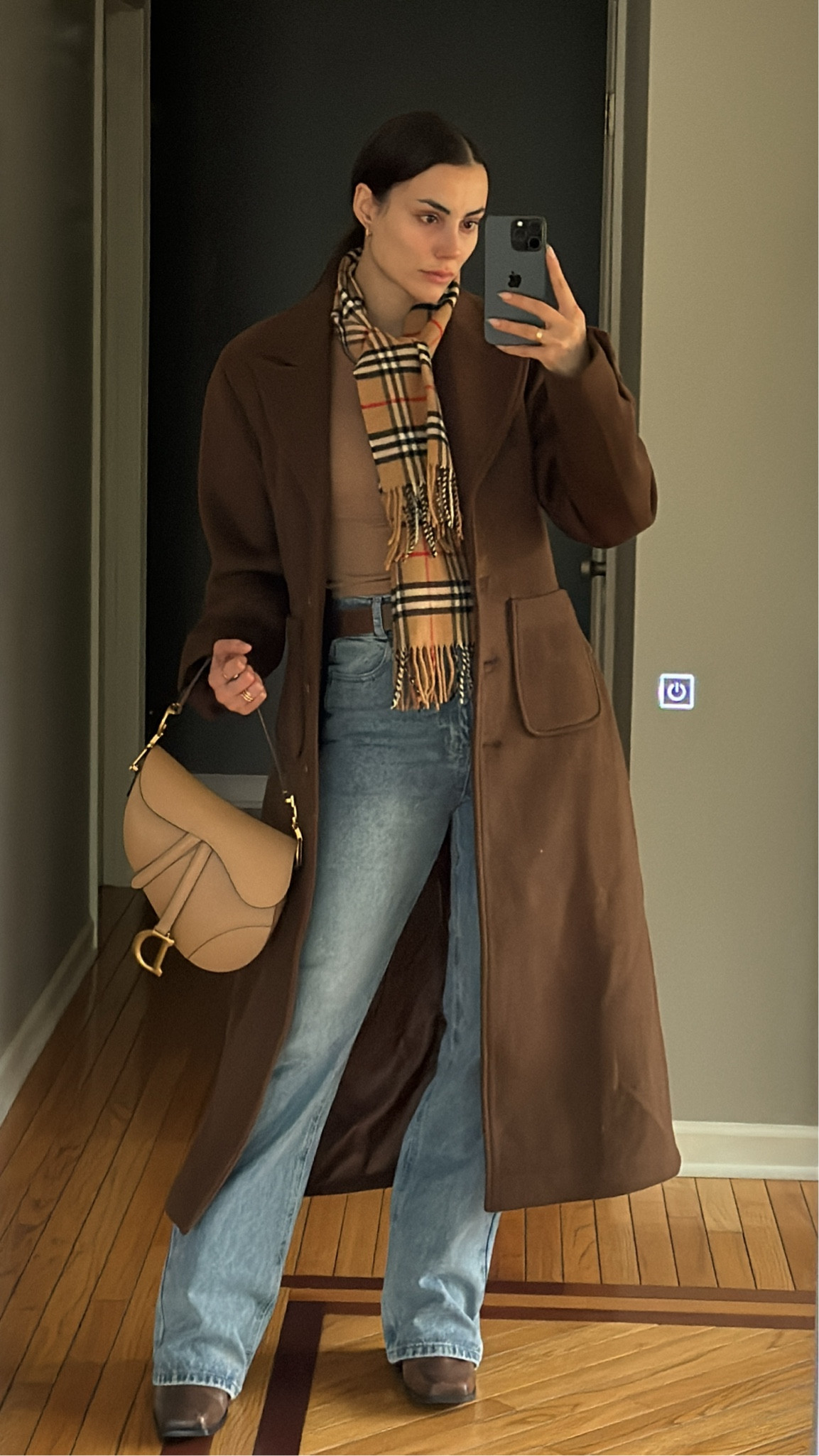 Long brown coat, brown sleek coat, Burberry scarf, neutral scarf

#LTKstyletip