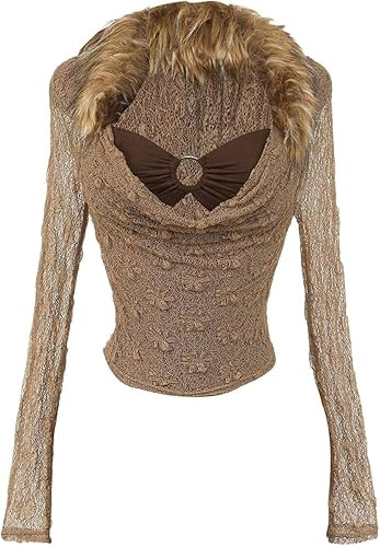 MakeMeChic Women's Faux Fur Cowl Neck Long Sleeve Top Sheer Ruched Y2k Tops Shirts | Amazon (US)