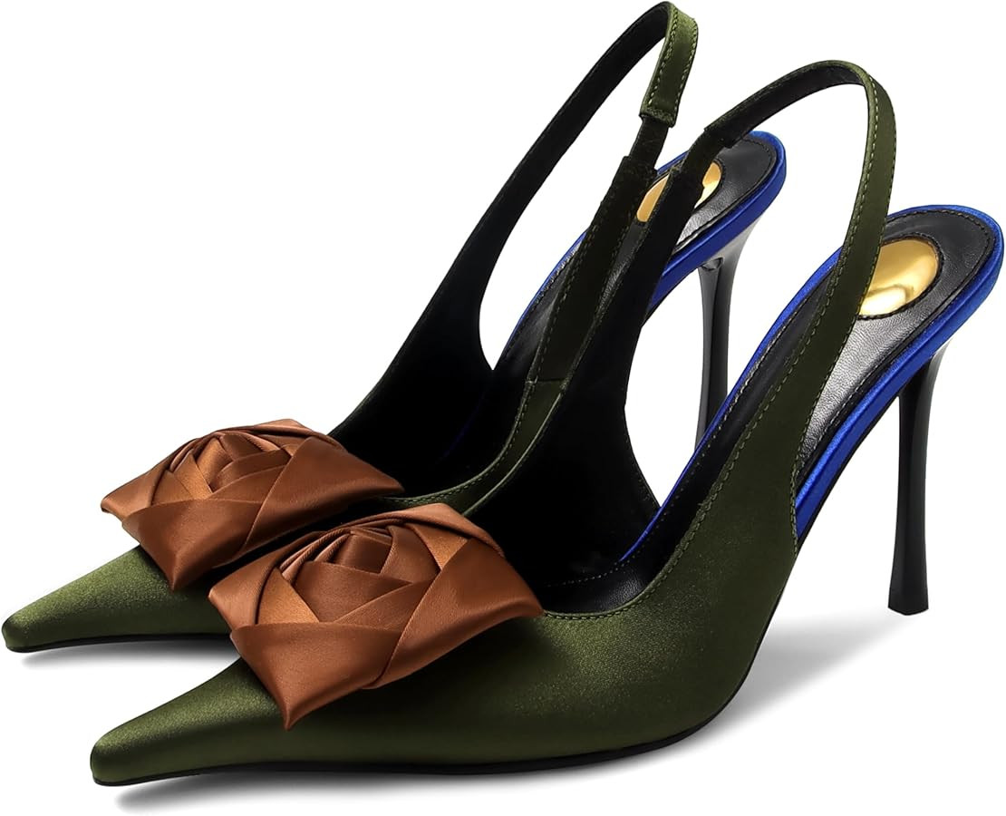 Flower High Heels for Women Closed Pointed Toe Satin Slingback Stiletto Heel Pumps Slip On Elasti... | Amazon (US)