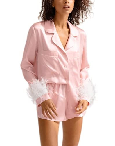 DYLSGCS Women Satin Silk Pajamas Set Feather Trim 2 Pcs Button Down Top and Pants Sleepwear Nightwear Pjs Set Pink | Amazon (US)